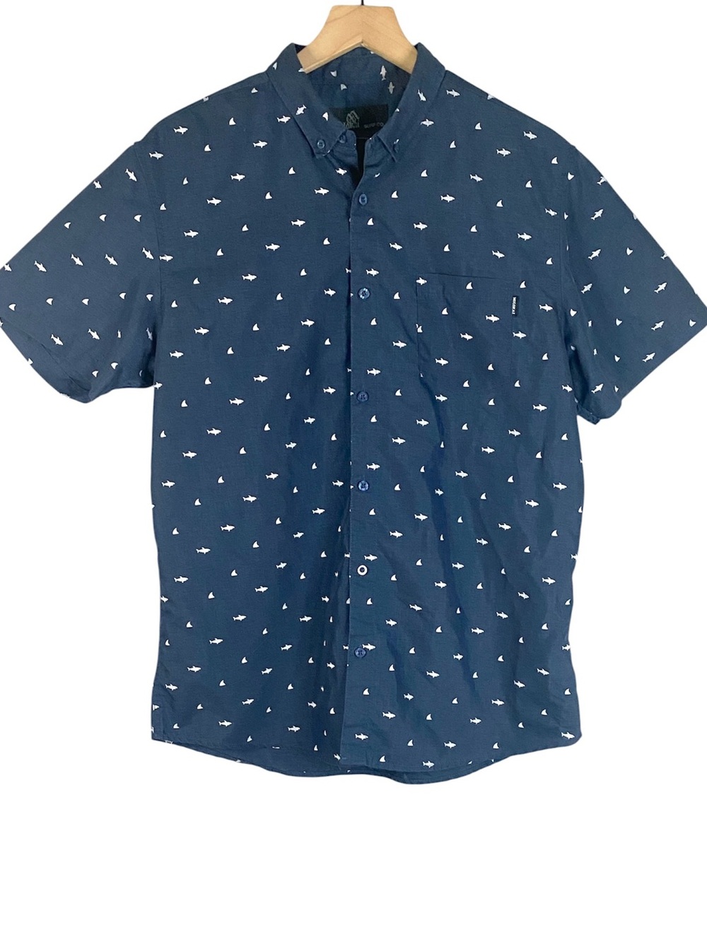 Men’s Molokai Surf Co ‘All Over Shark’ Navy Blue Short Sleeve Button Up Size L